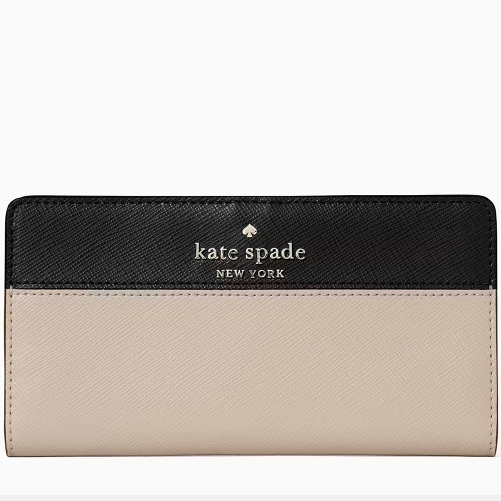 Kate Spade Saffiano Leather Large Slim Bifold Wallet Black and Warm Beige
